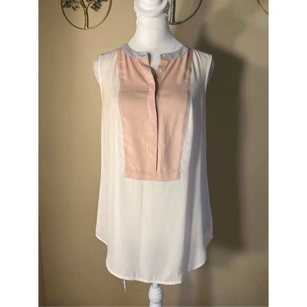 Ann Taylor Loft Cream Pink Gray Sleeveless Button Neck Blouse XS